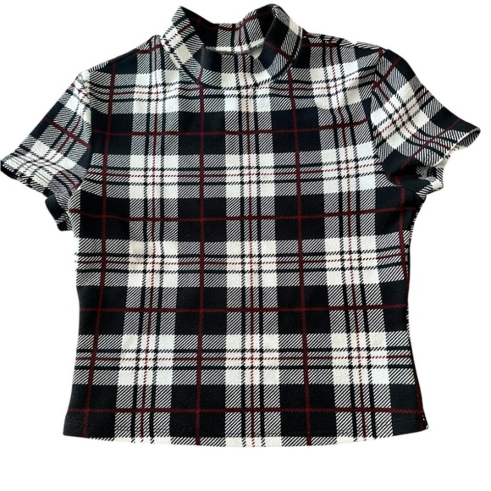 Short Sleeve Mock Neck Short Sleeve Cropped Top Womens Small Preppy Check Plaid